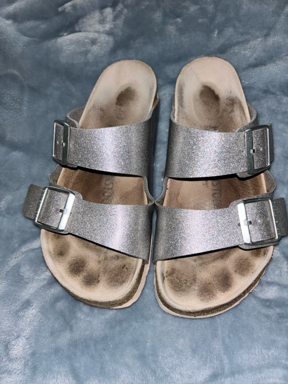 Birkenstock Silver Glitter Double-Buckle Slide Sandals